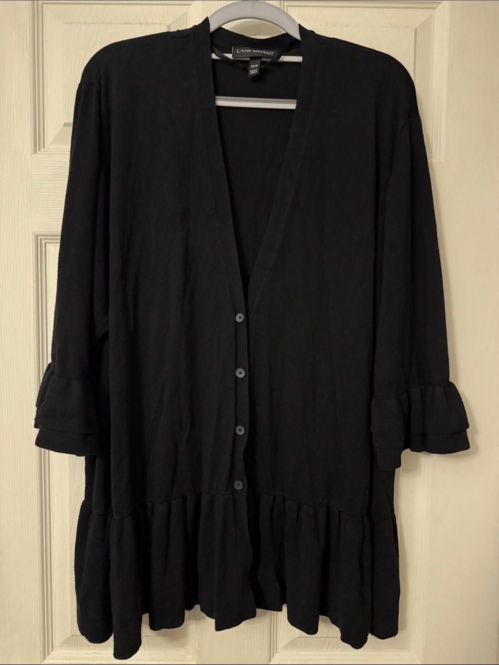 Lane Bryant Black V‑Neck Button Down Ruffle Hem 3/4 Sleeve Cardigan Sz 26/28